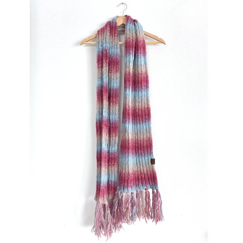 C.C. Ombre Rainbow Striped Knit Scarf Cozy Pastel Pink Blue Fringed Winter Wrap